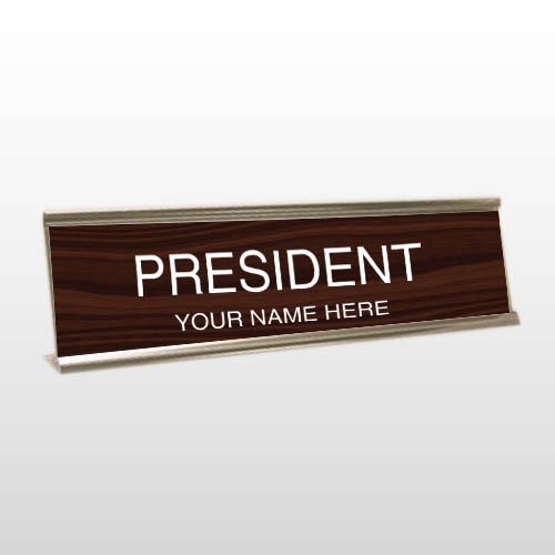 President 65 Engraved Woodgrain/White Desk Name Plate