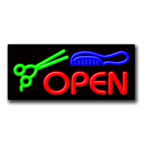 OPEN w/Scissors & Comb 13"H x 32"W Neon Sign
