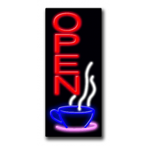 OPEN w/Coffee Vertical 13"W x 32"H Neon Sign